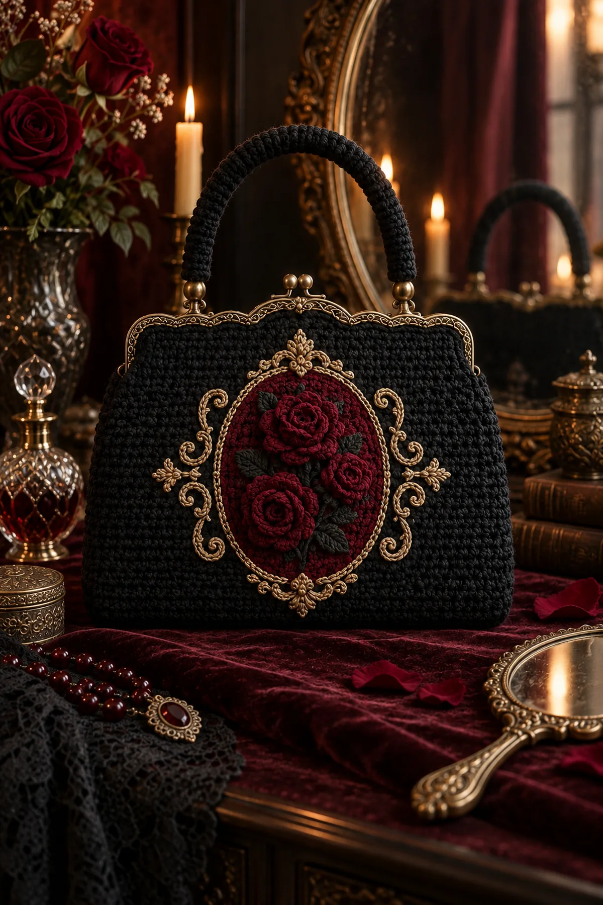 Gothic rose cameo crochet handbag styled on a dark romantic vanity