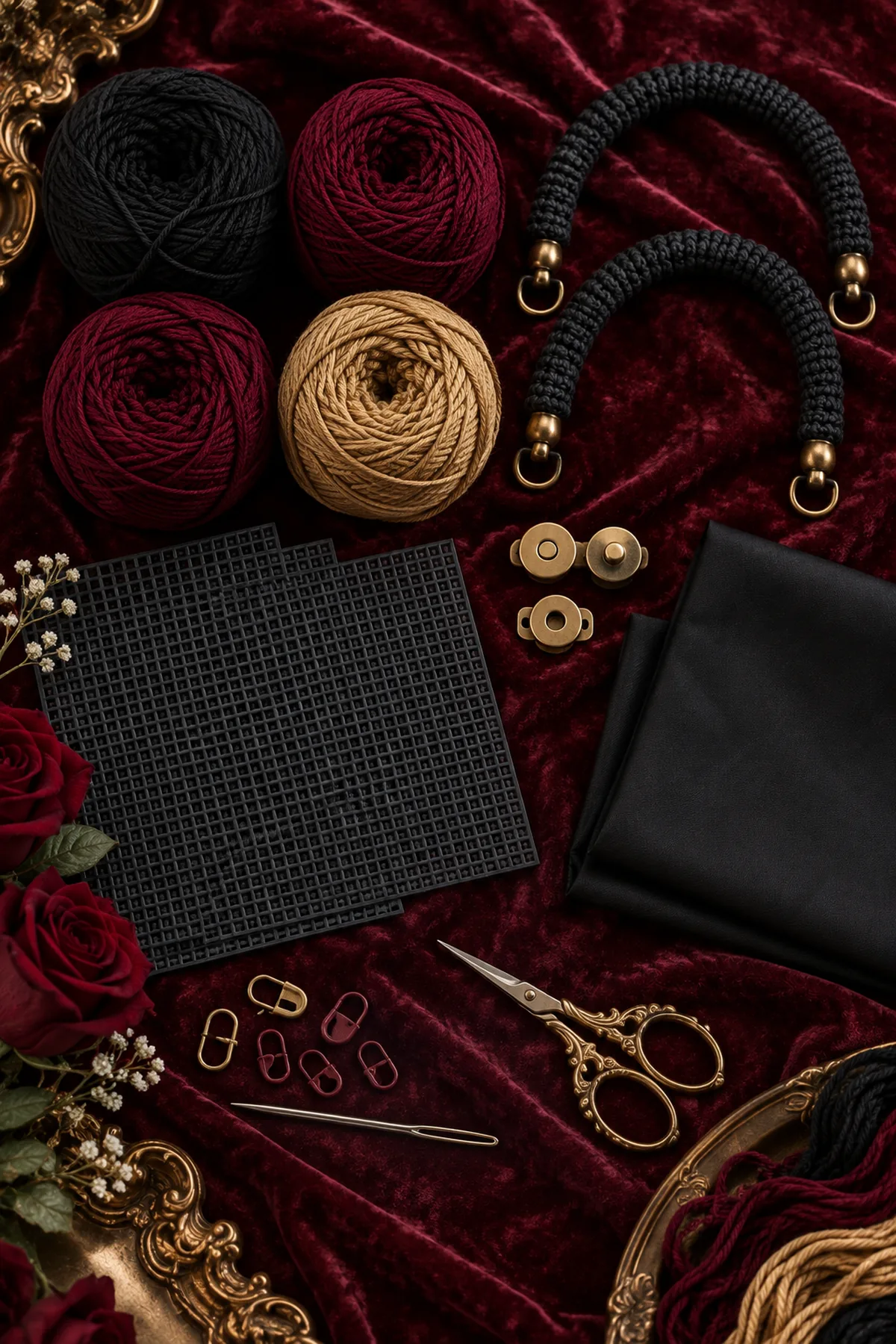 Black burgundy wine and gold DK cotton yarn hook purse handles snap lining plastic canvas markers and needle