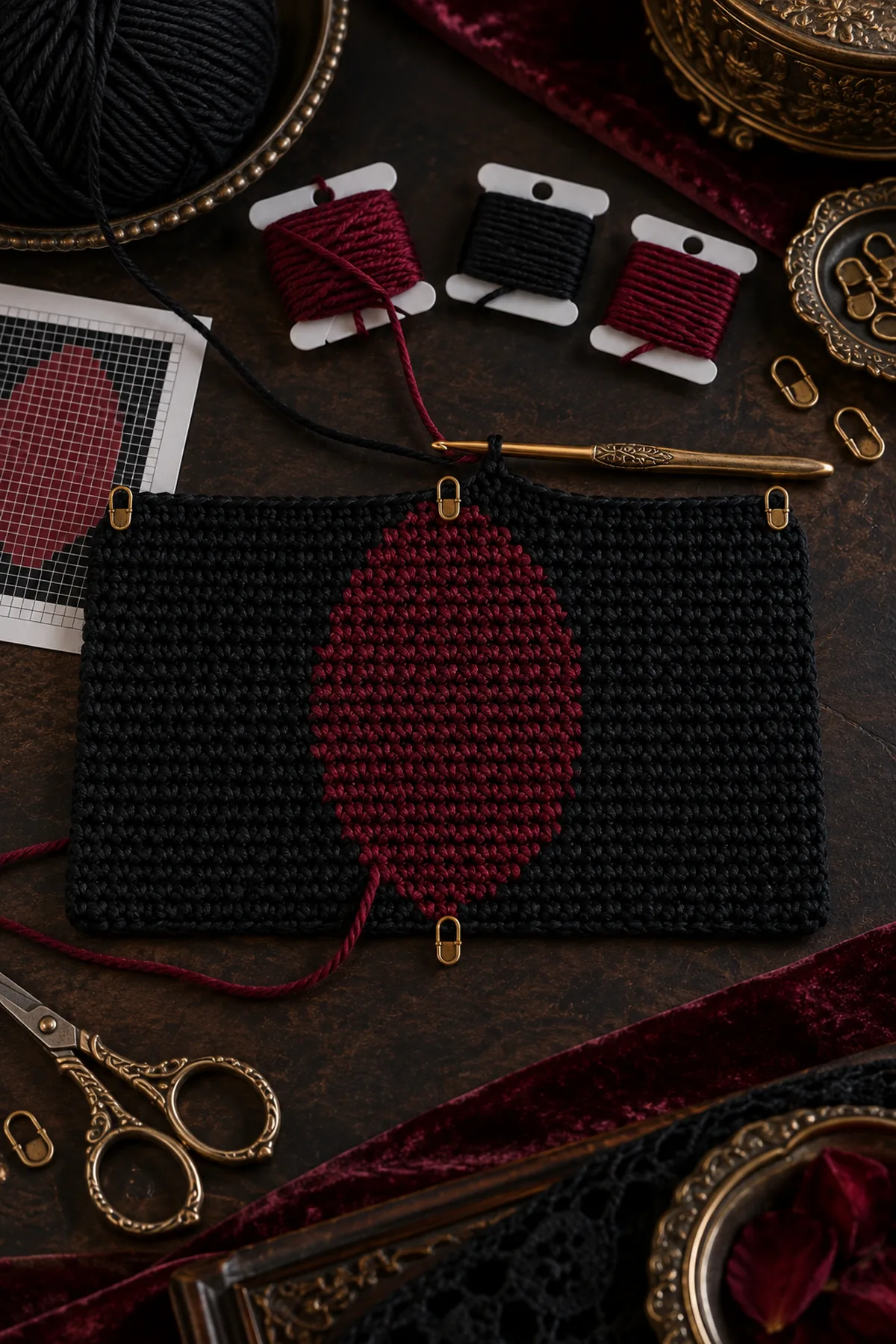Black 49 stitch handbag front with first burgundy oval tapestry rows
