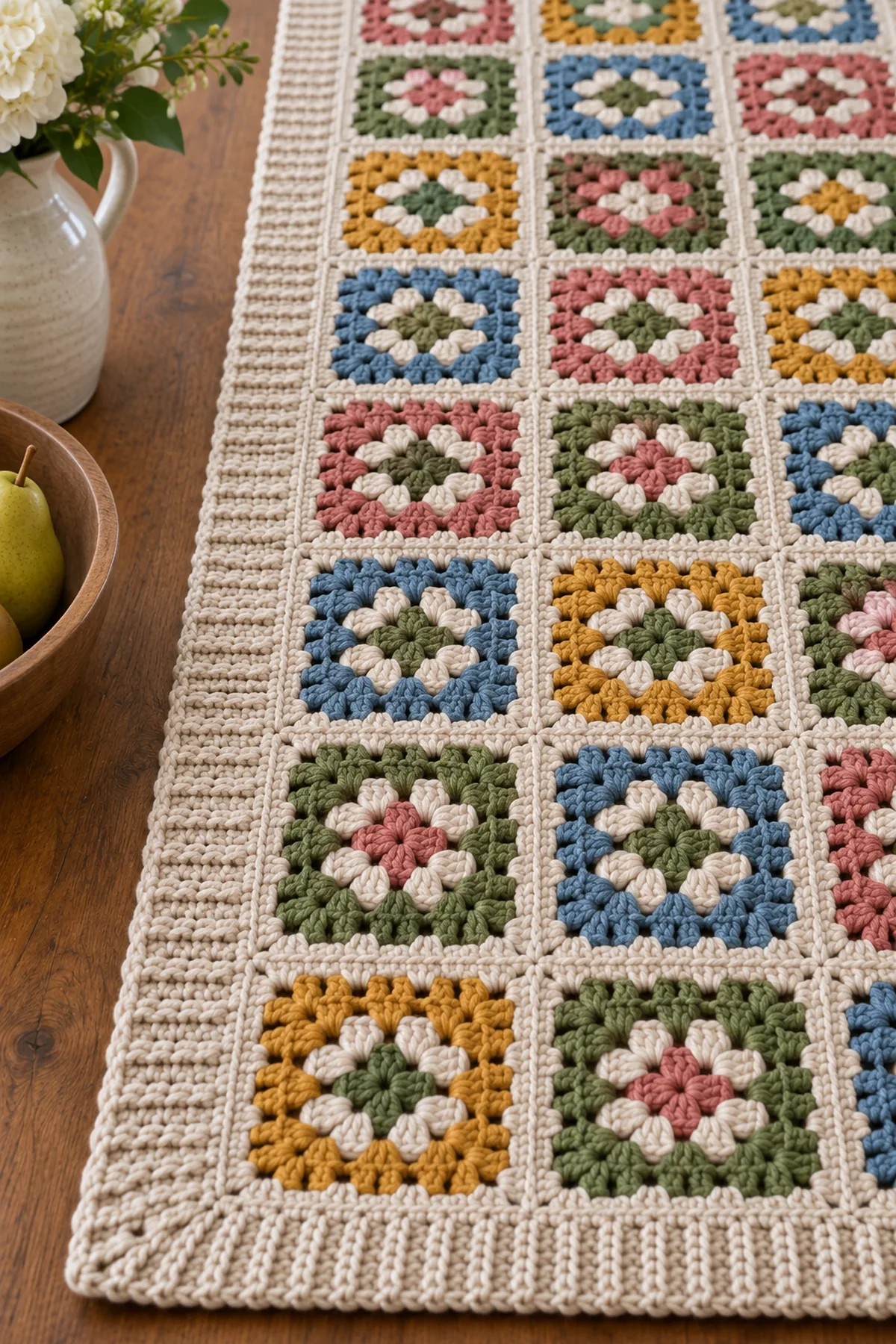 Close-up of granny clusters flat join and ribbed oatmeal border