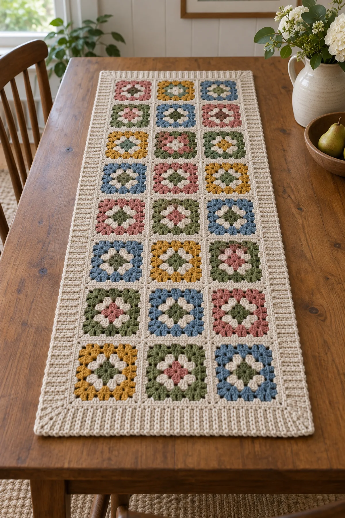 Finished colorful granny square patchwork crochet table runner with oatmeal border