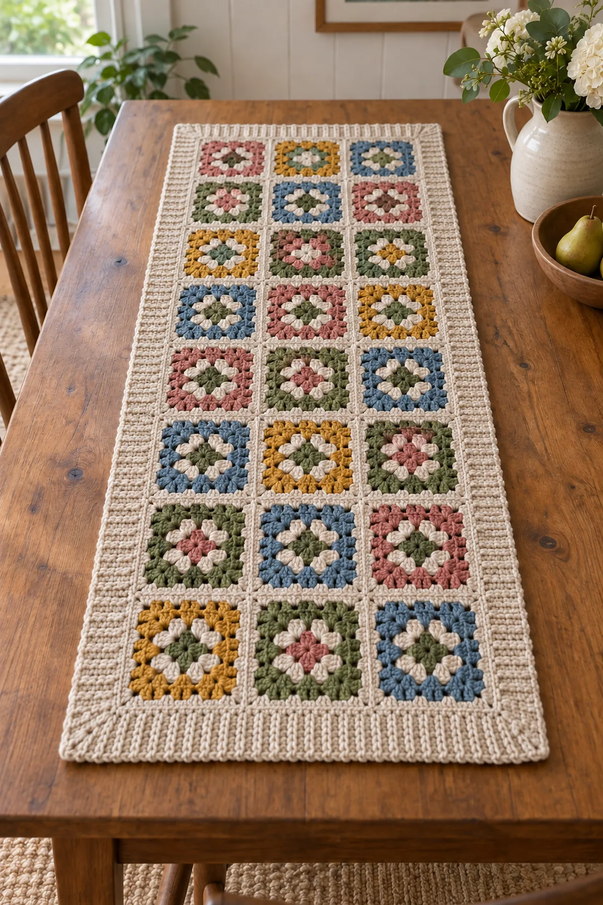 Patchwork granny square crochet runner on a cottage table