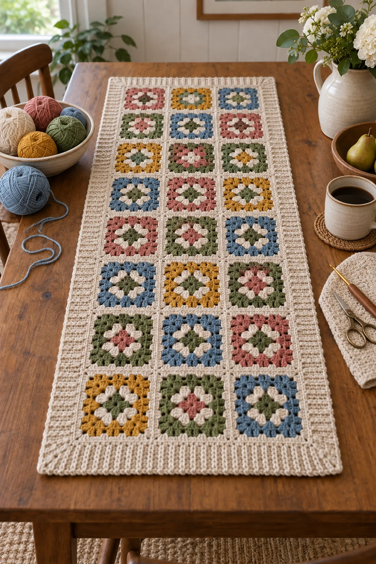 Oatmeal rust sage gold blue and cream cotton yarn with crochet tools