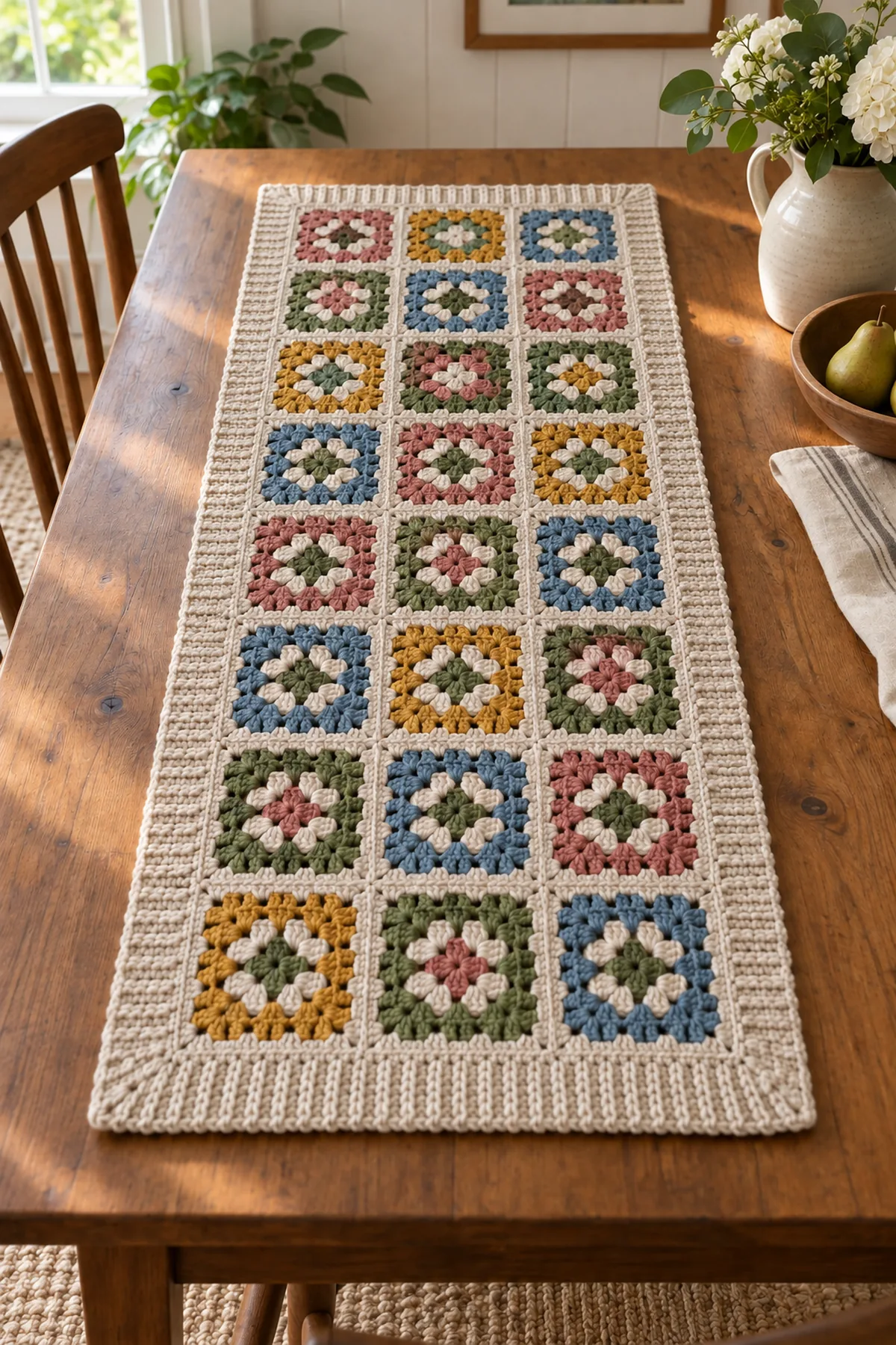 Colorful six-round granny squares arranged for a table runner