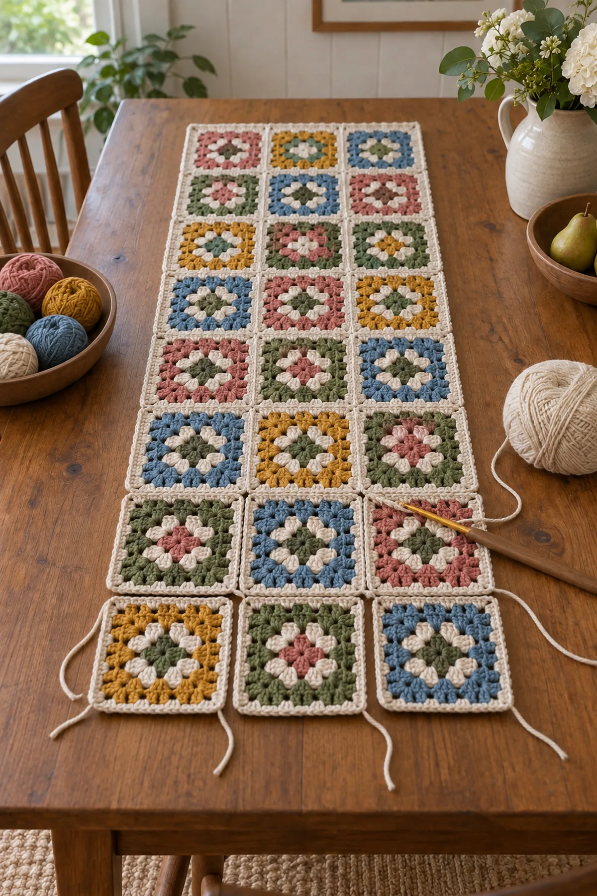 Three by eight granny square patchwork grid being joined