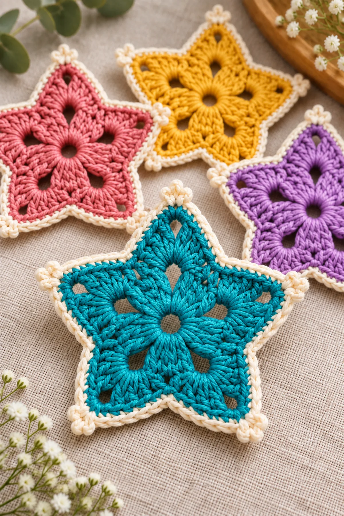 Close-up of granny clusters open center eyelets sharp valley and picot point