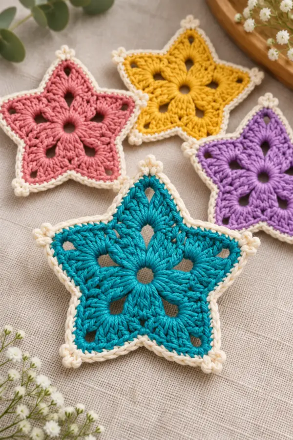 Finished five point crochet granny star motif with open clusters and picot tips