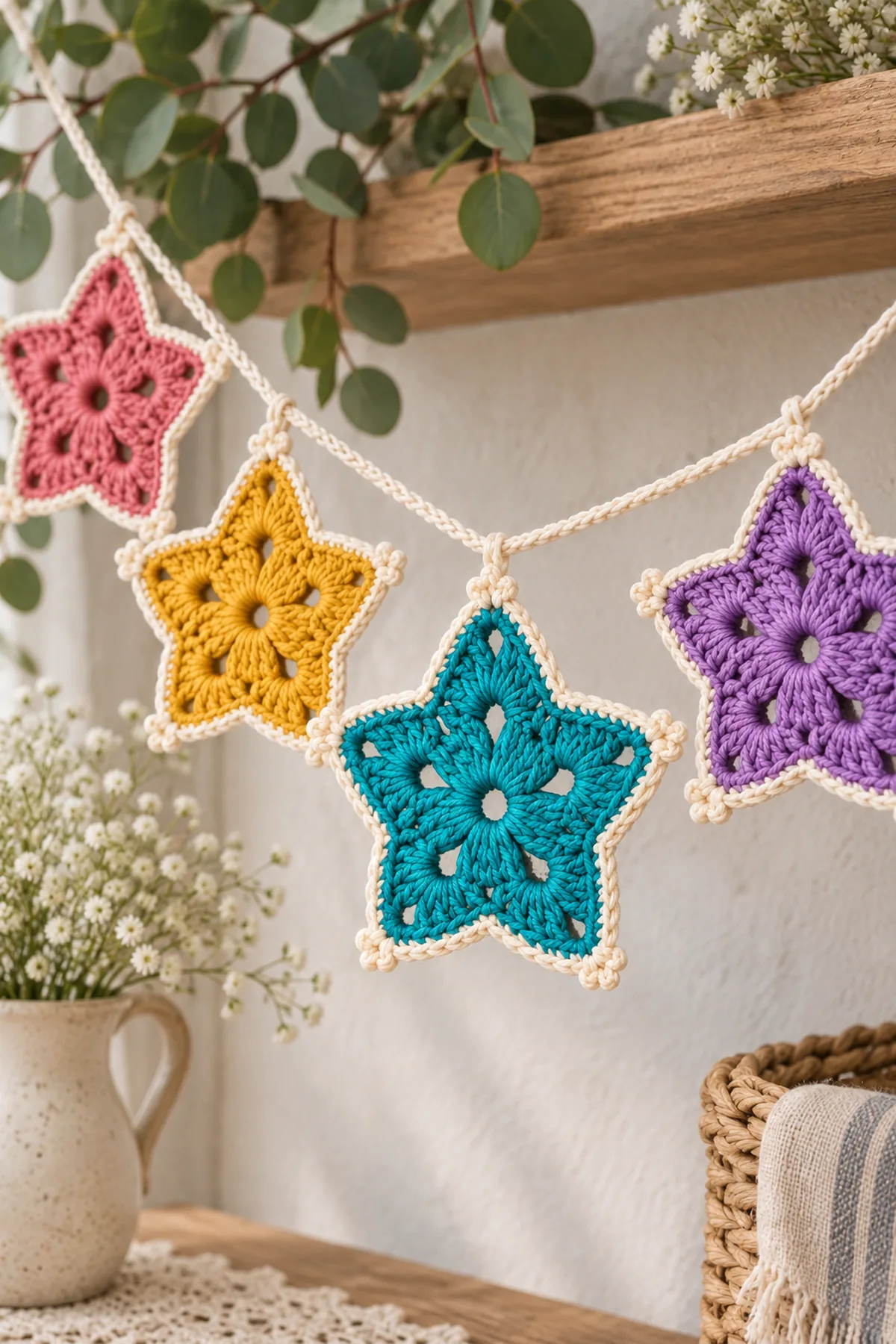 Colorful crochet granny star motifs arranged as a cheerful garland