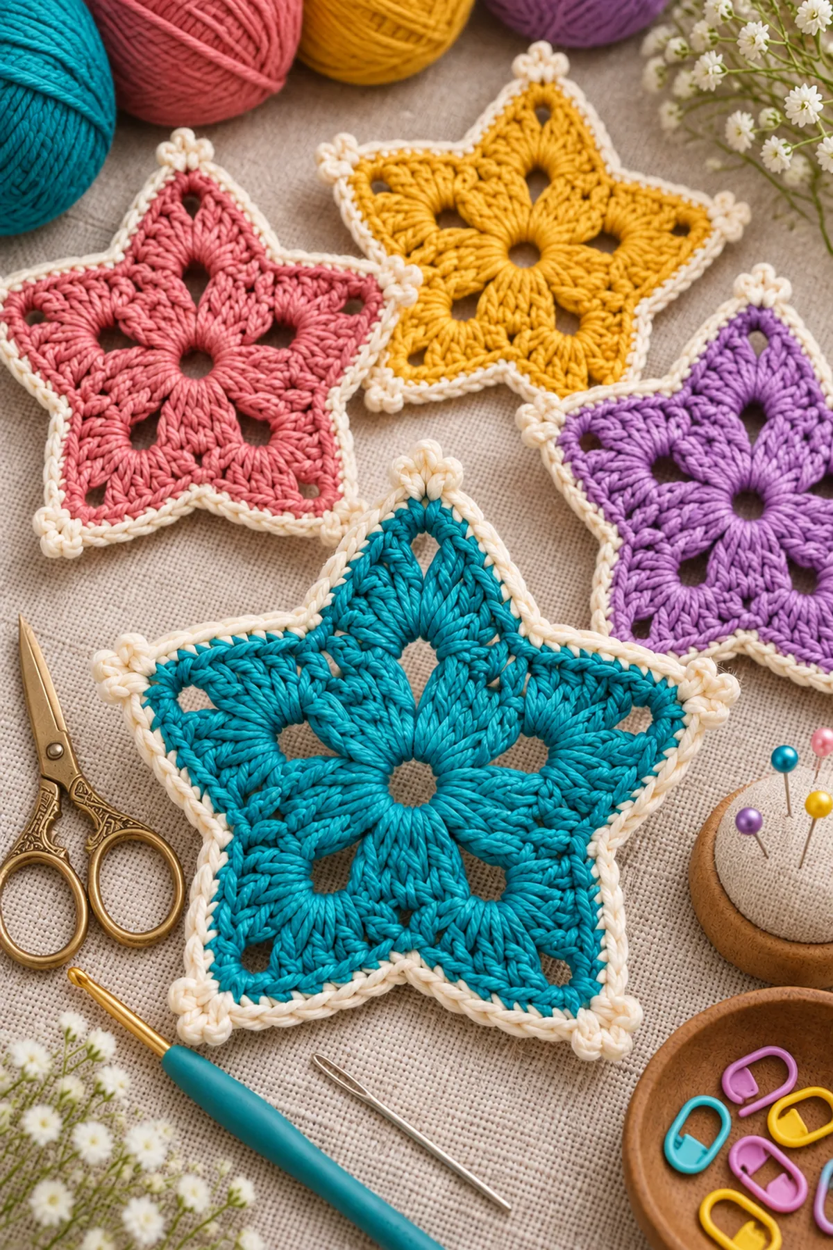 Bright worsted cotton yarn crochet hook marker needle scissors and blocking pins