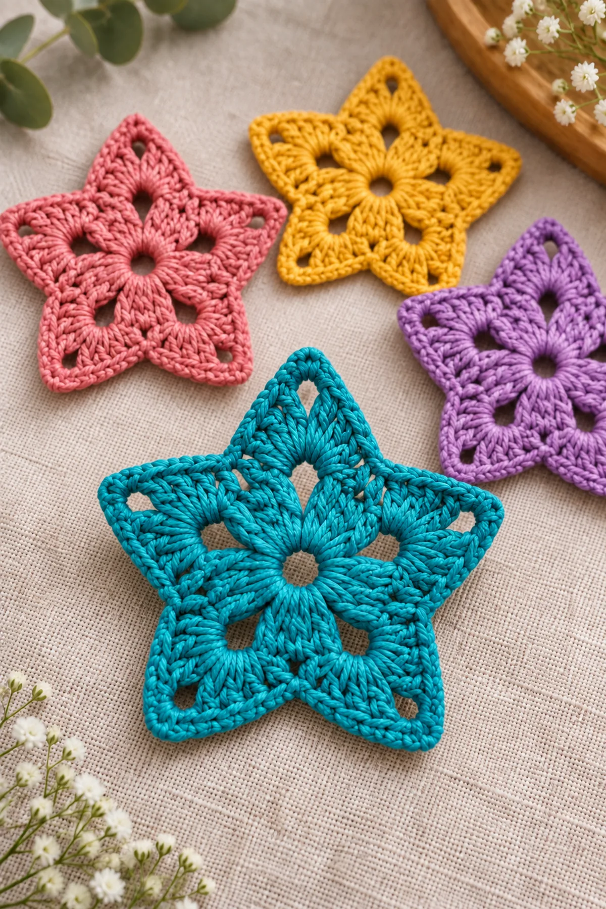 Five point granny star motif with shaped arms before final edging