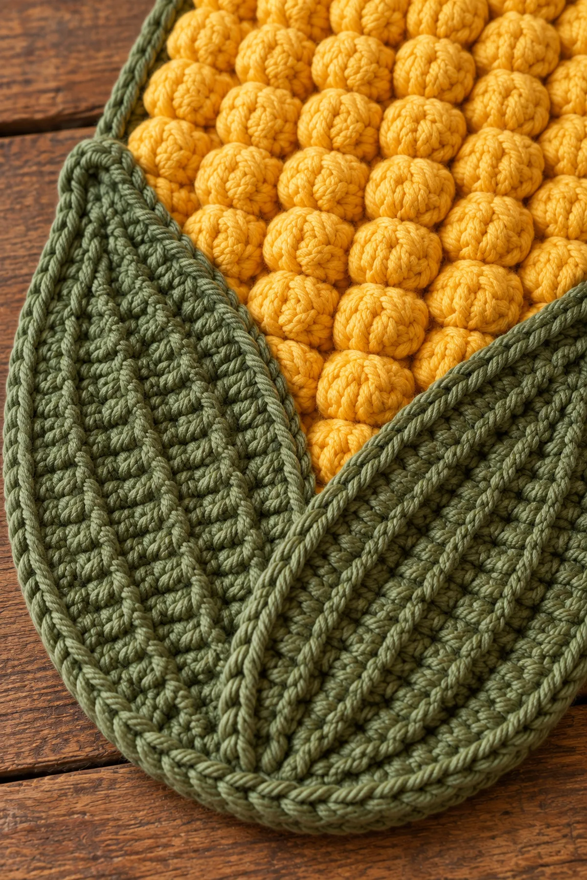 Close-up of crochet bobble kernels layered husk leaves and joined trivet edge
