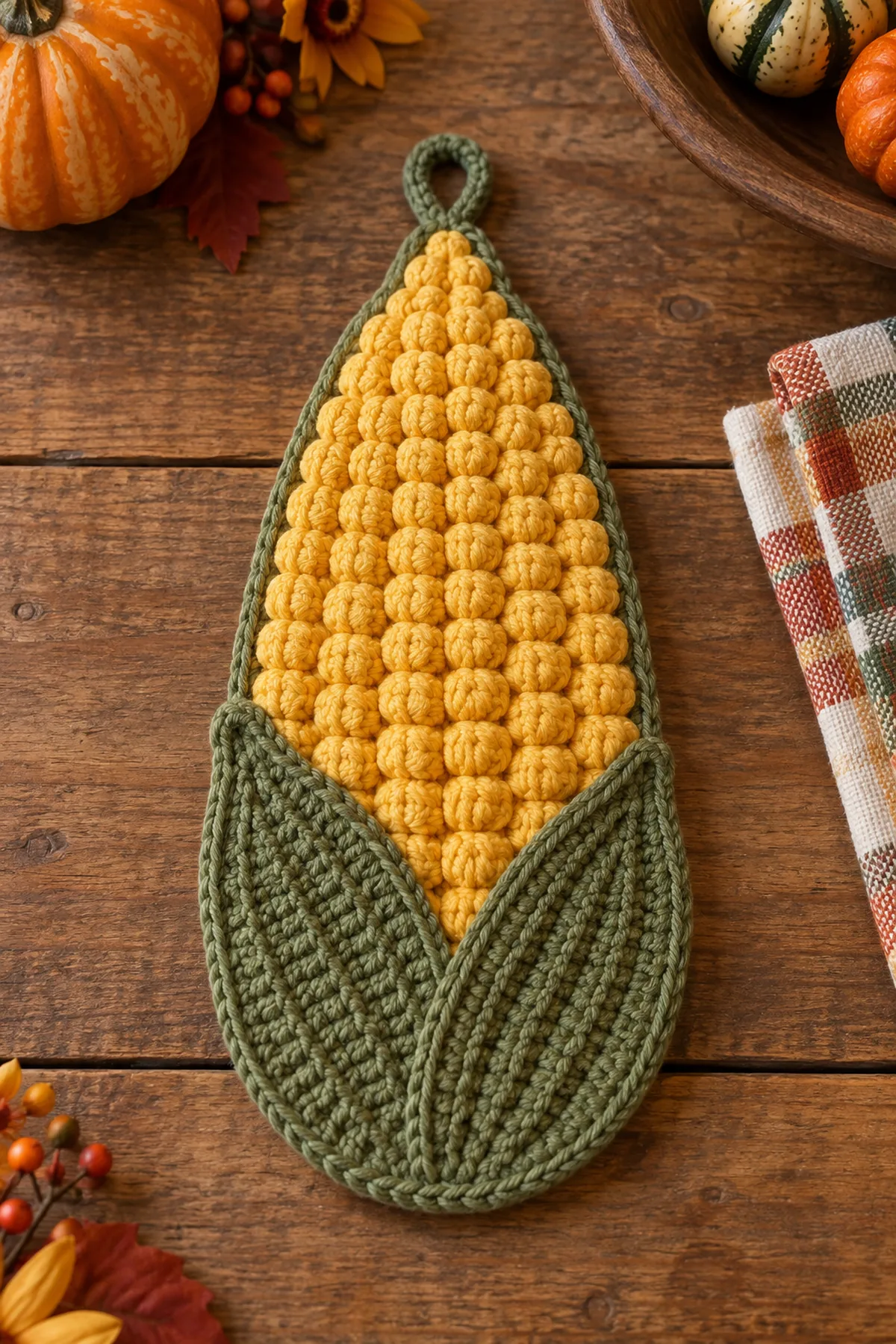 Finished golden crochet harvest corn trivet with bobble kernels and olive husk leaves