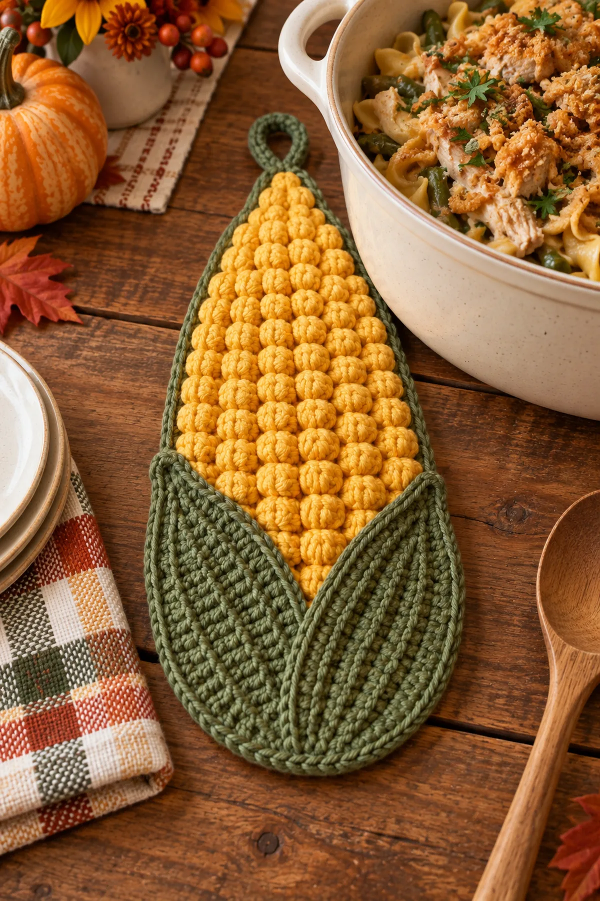 Harvest corn crochet trivet styled on an autumn kitchen table
