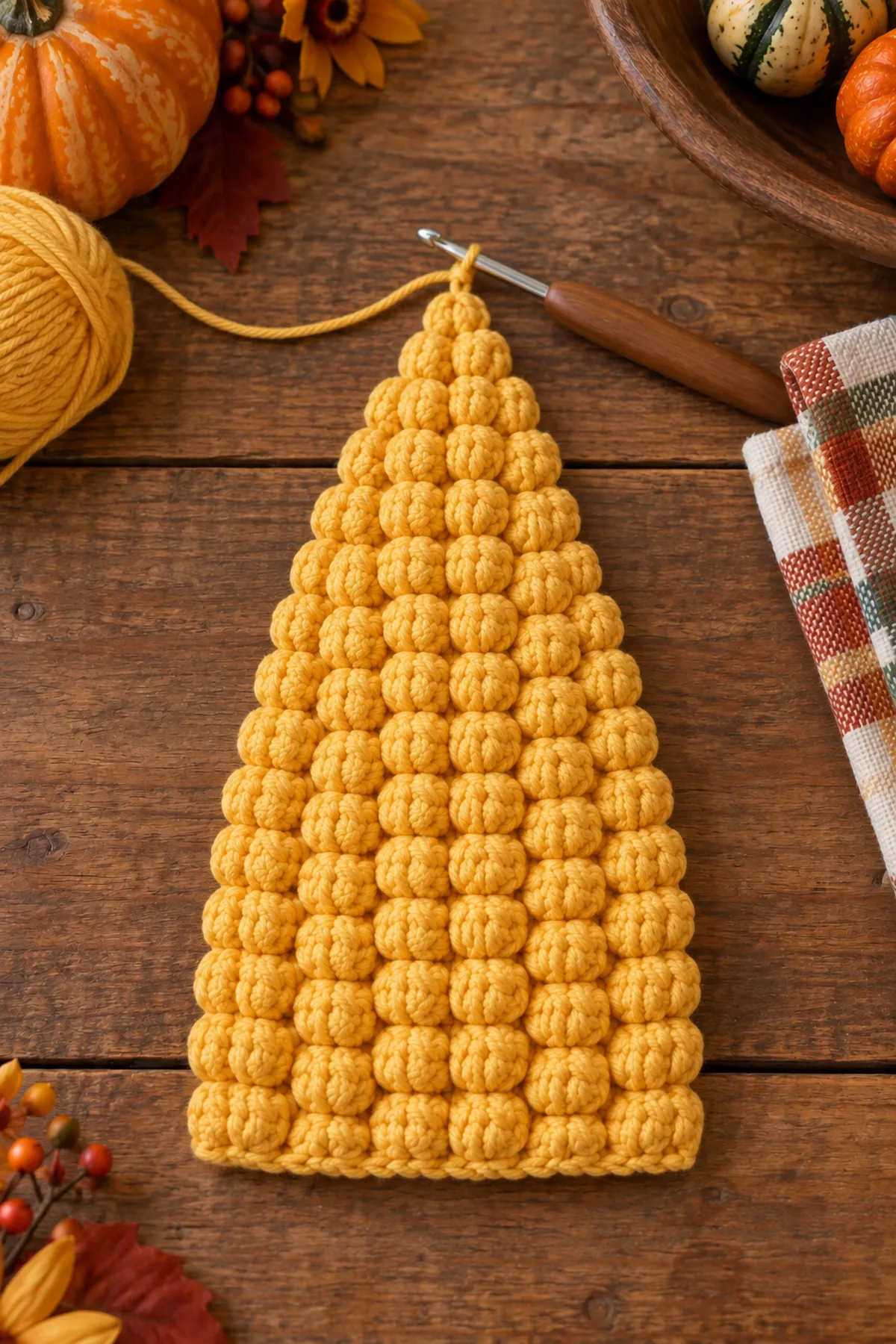 Golden crochet corn panel with staggered bobble kernel rows in progress