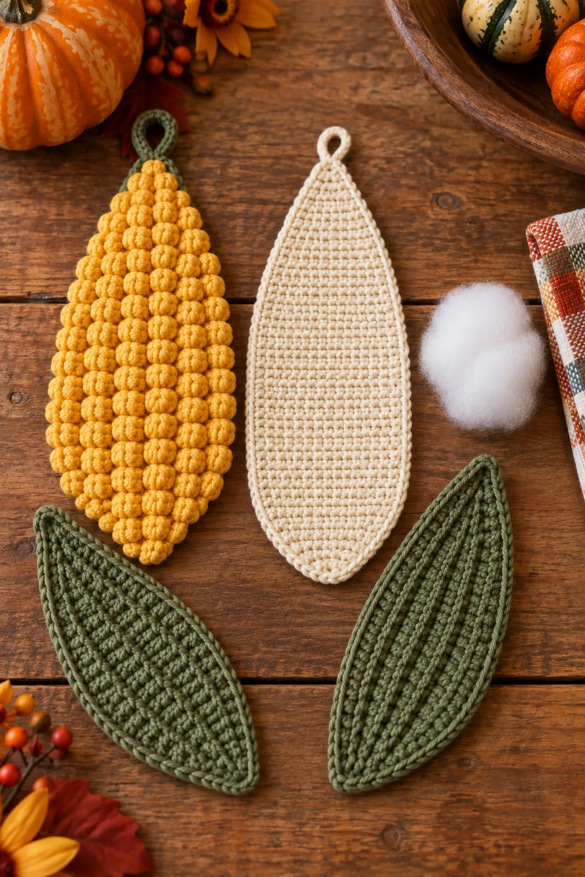 Golden textured corn front cream backing and two olive husks before assembly