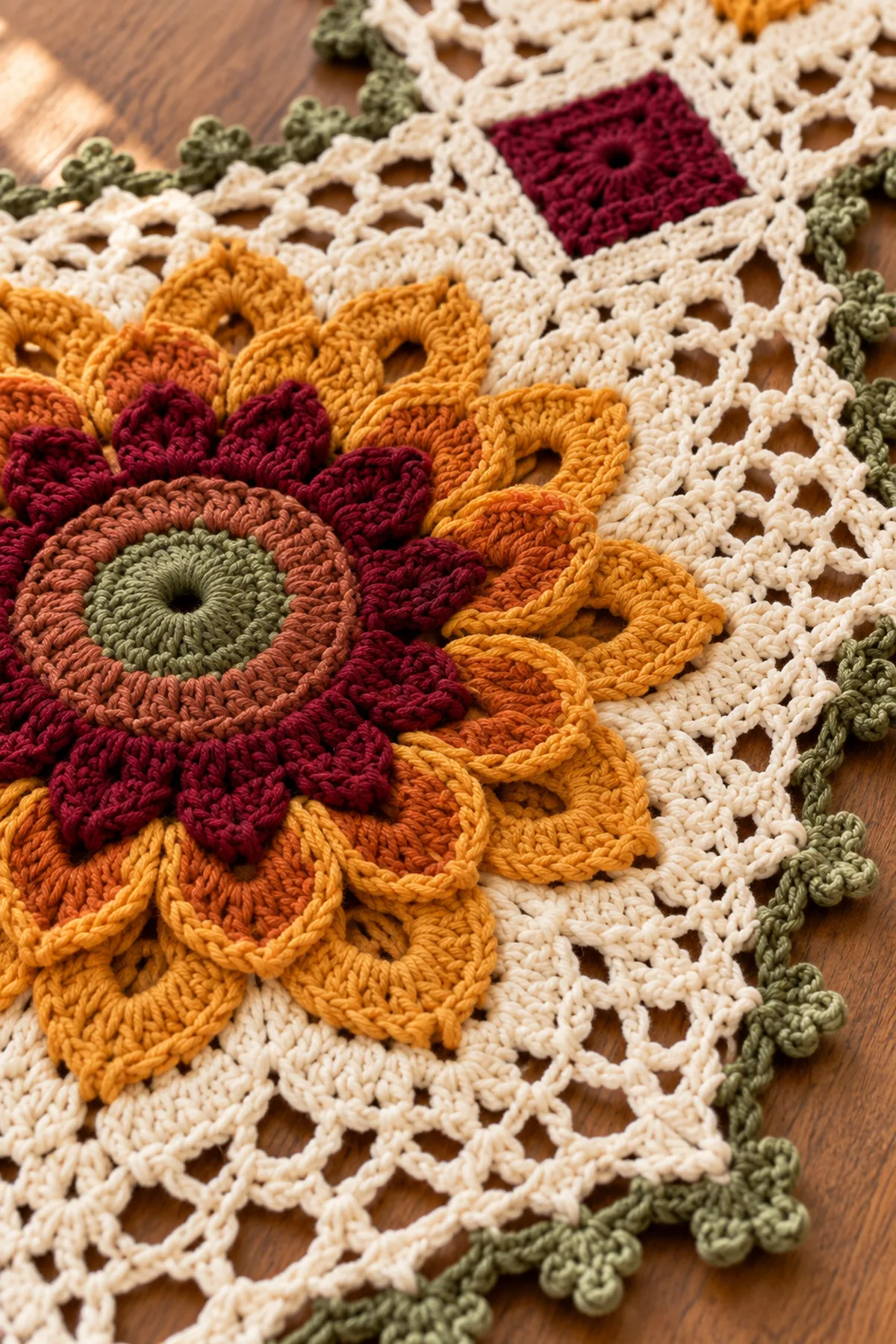 Close-up of layered sunflower pineapple lace burgundy join and olive picots