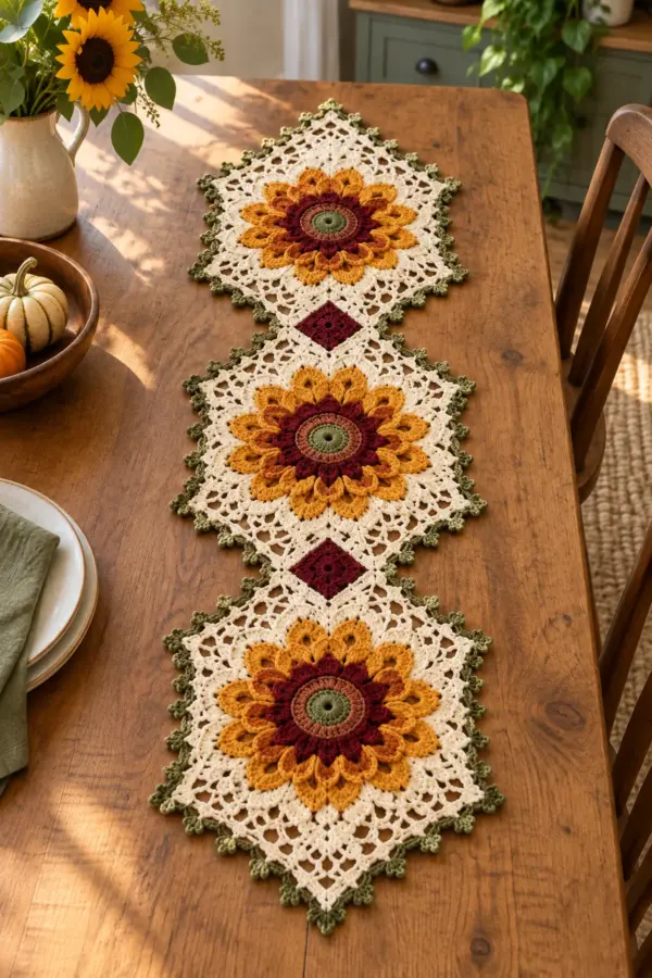 Finished harvest sunflower crochet lace table runner with three floral panels