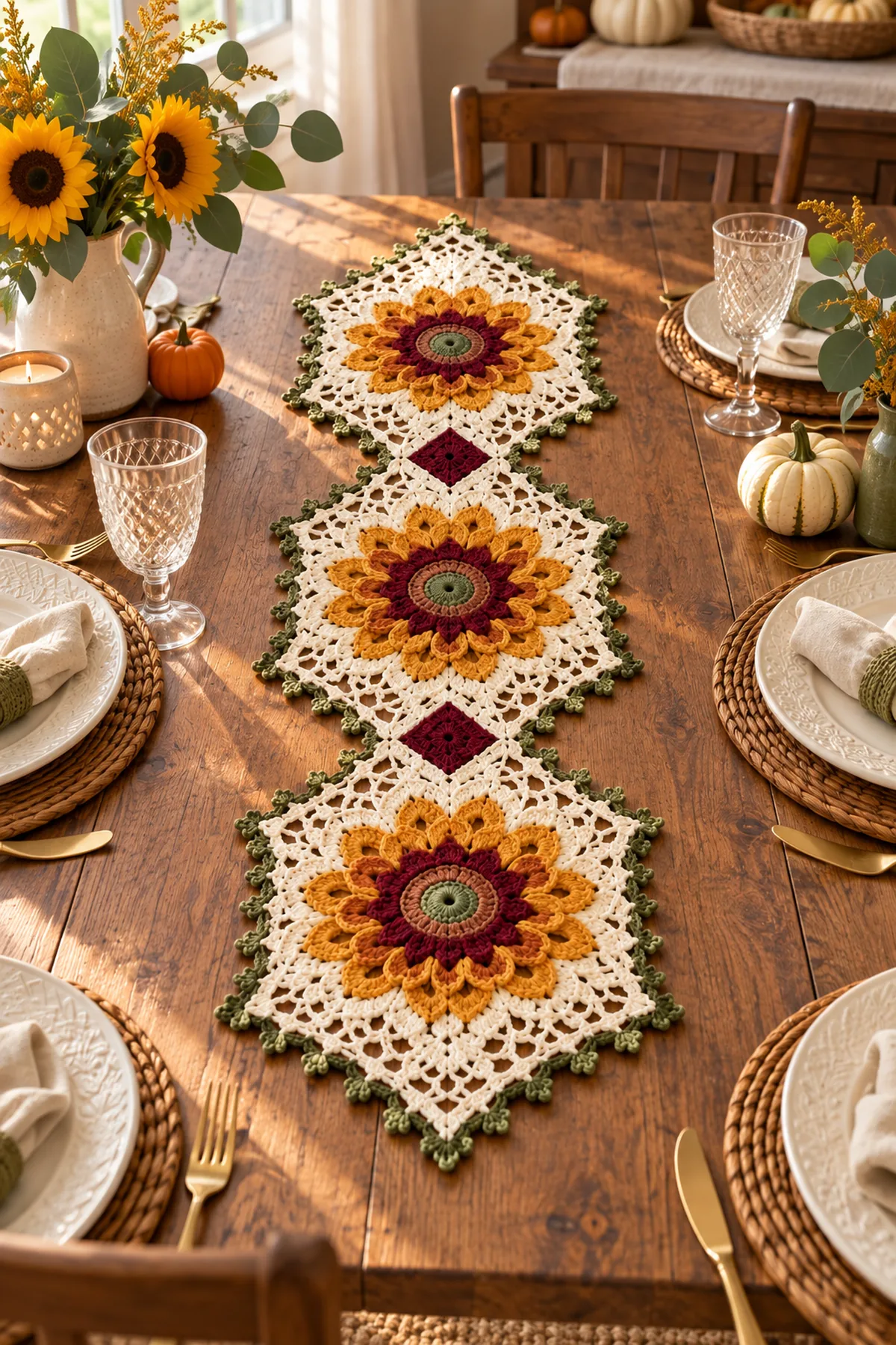 Harvest sunflower lace crochet table runner styled on an autumn dining table