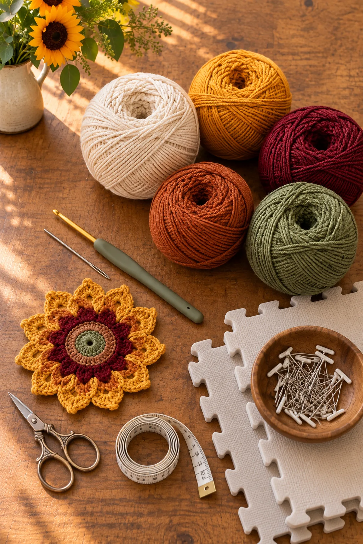 Cream mustard rust burgundy and olive sport cotton with fine hook and blocking tools