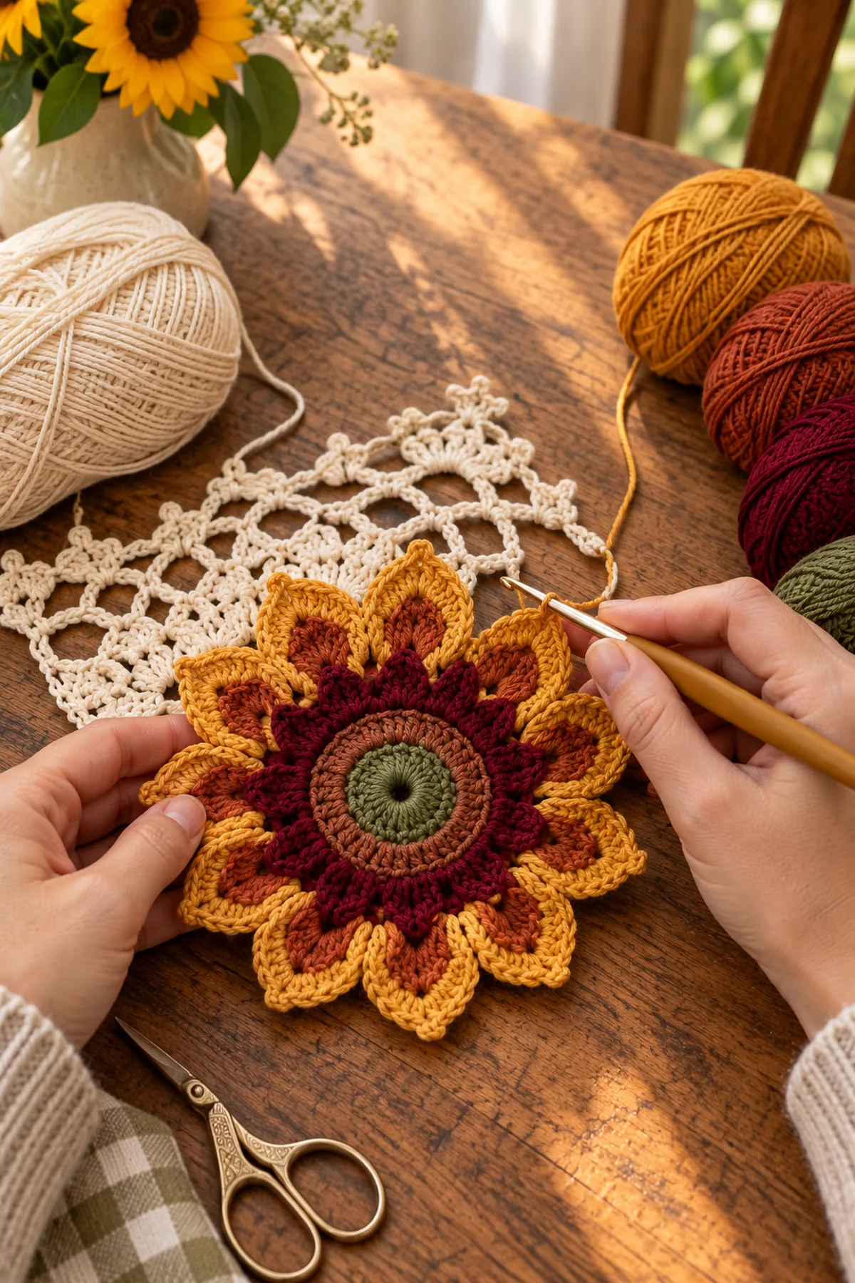 Layered crochet sunflower center with first cream lace arches in progress