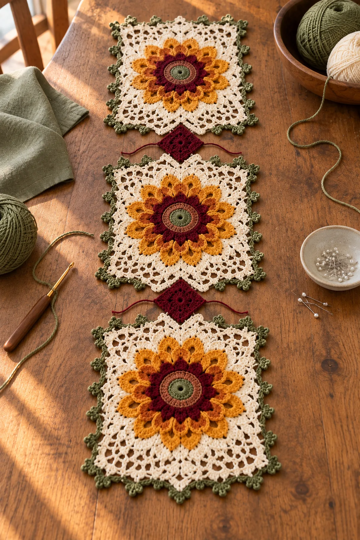 Three sunflower pineapple lace panels and burgundy diamond joins before assembly