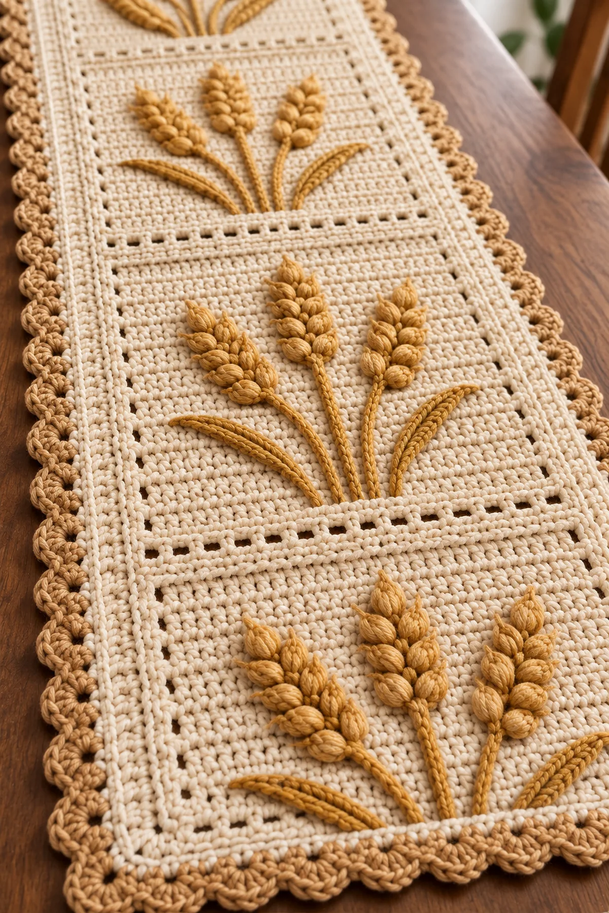 Close-up of puff stitch grain front post stems and crab stitch border