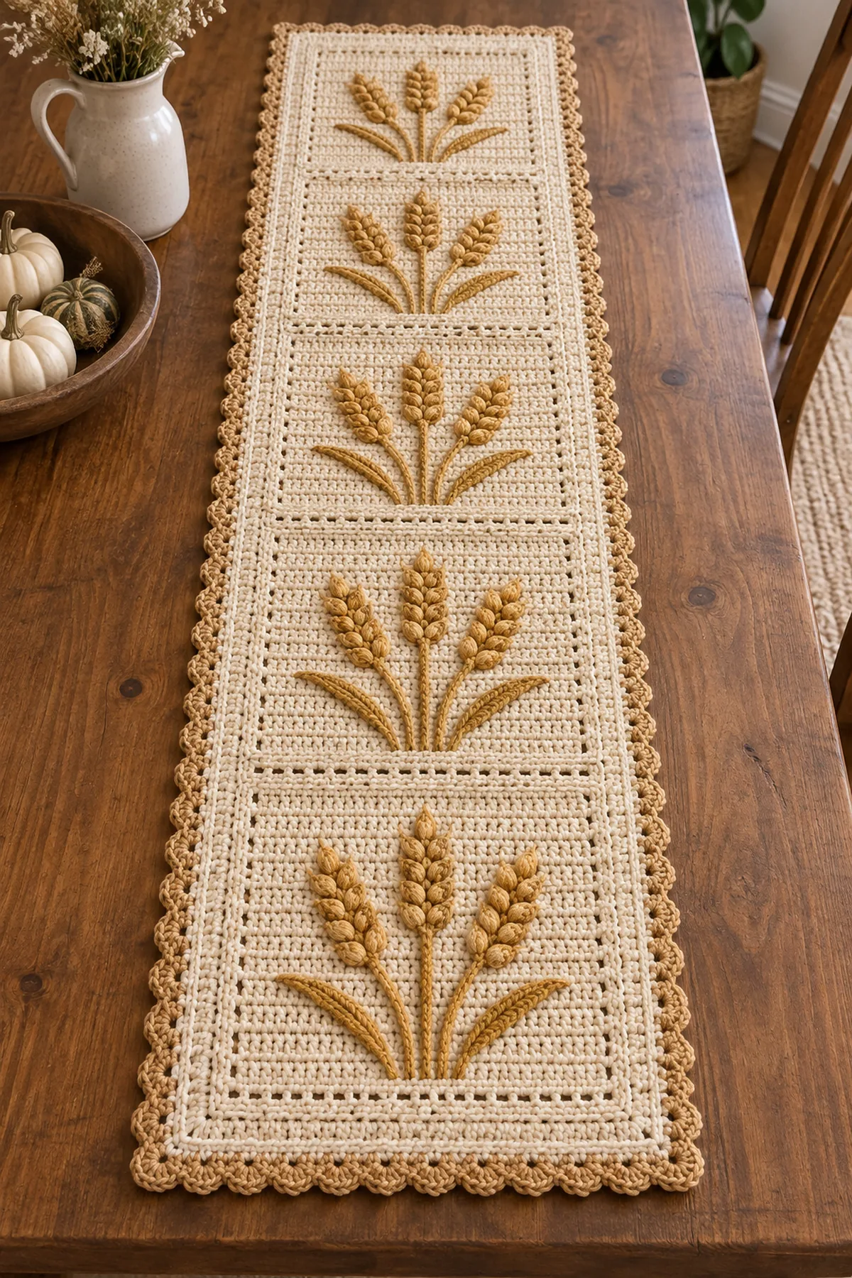 Finished cream crochet harvest wheat table runner with five raised golden panels