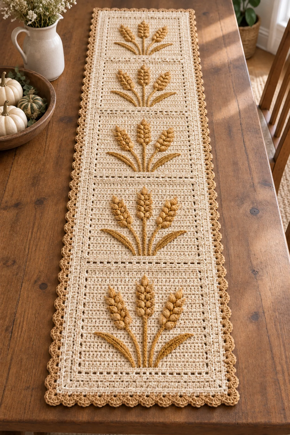 Harvest wheat crochet table runner on a farmhouse dining table
