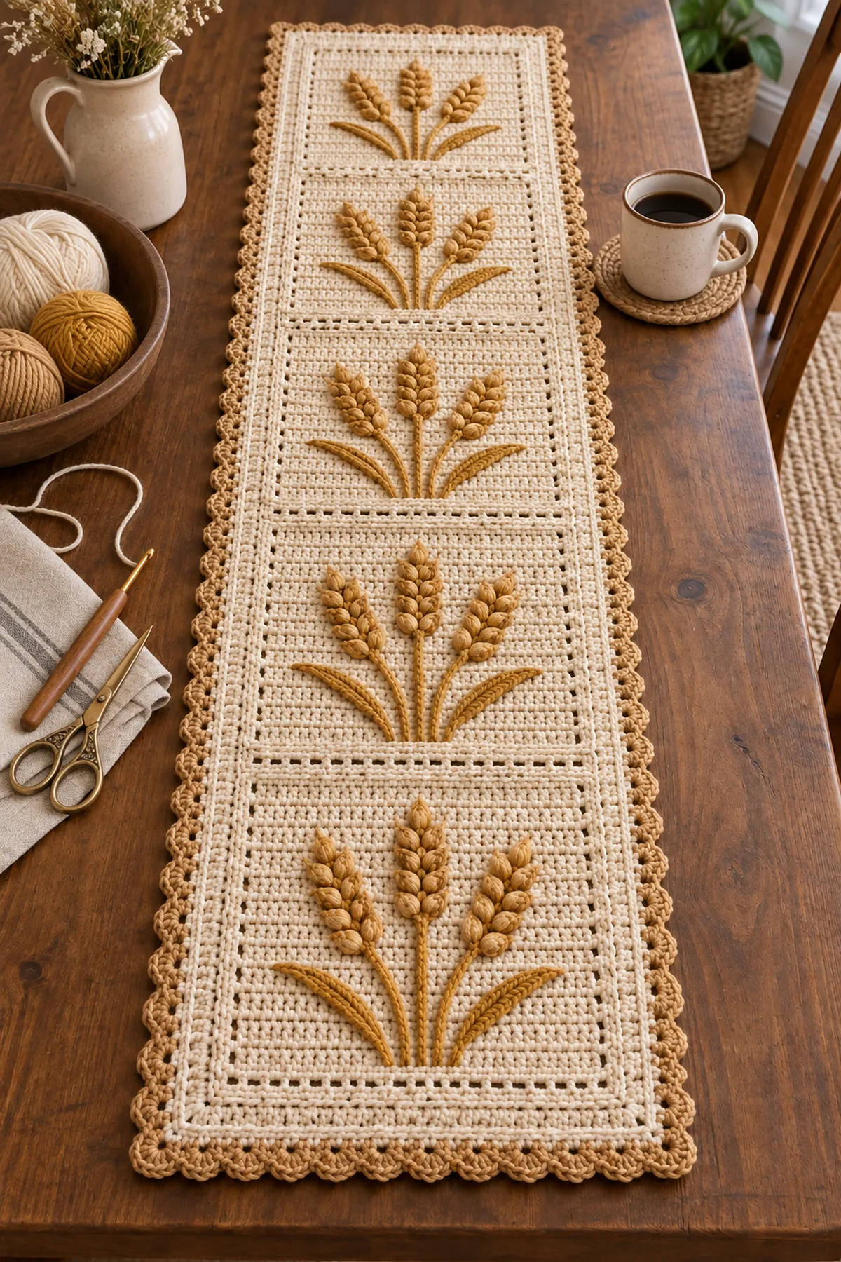 Cream golden wheat and camel cotton yarn with crochet tools