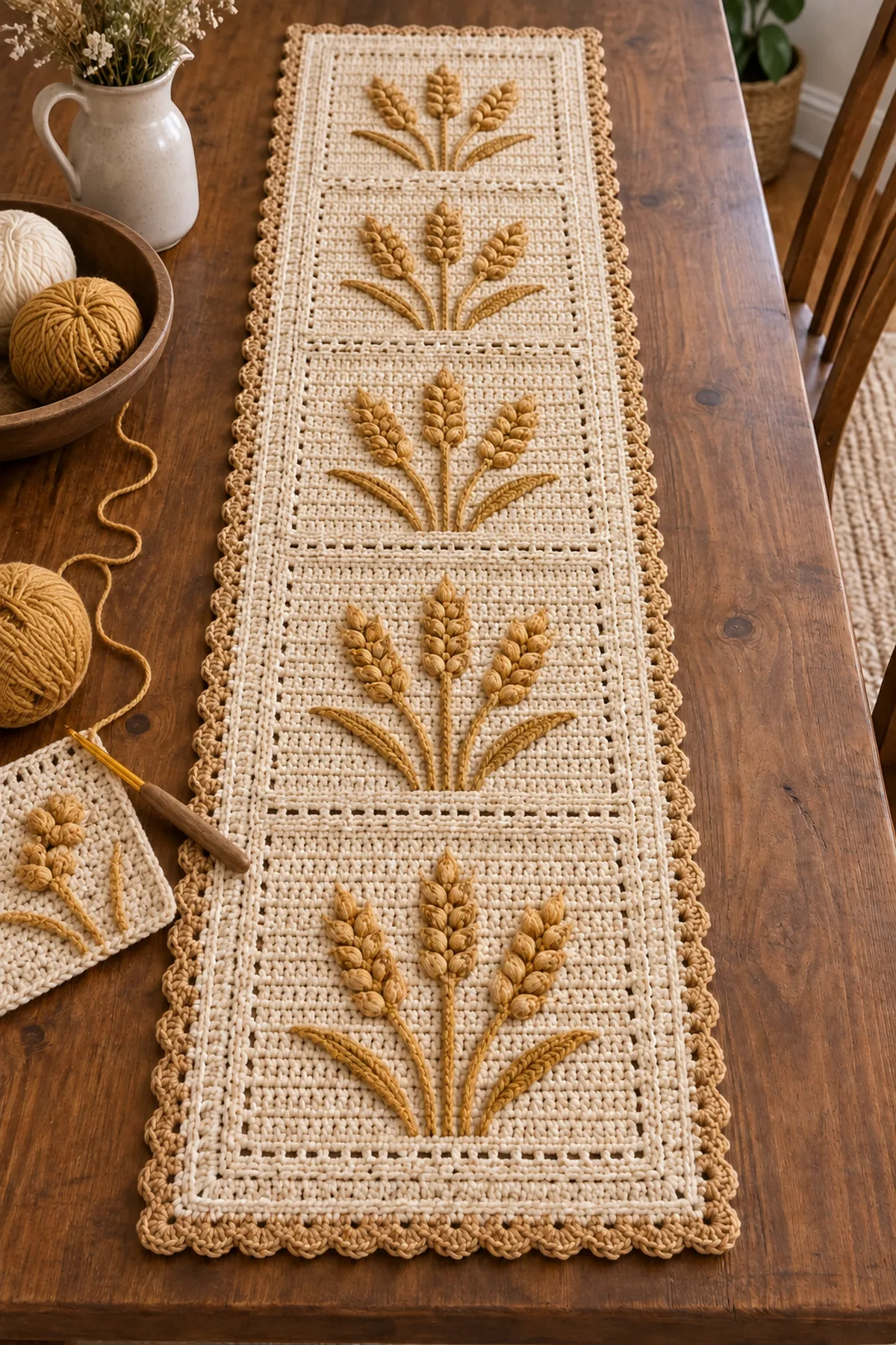 Long runner with raised stems and golden wheat puffs in progress