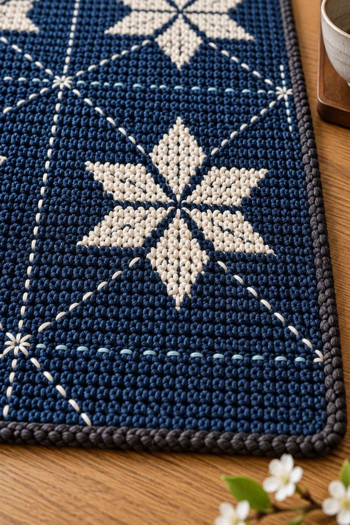 Close-up of dense indigo linen stitch ivory sashiko inspired lines blue running accents and i-cord edge