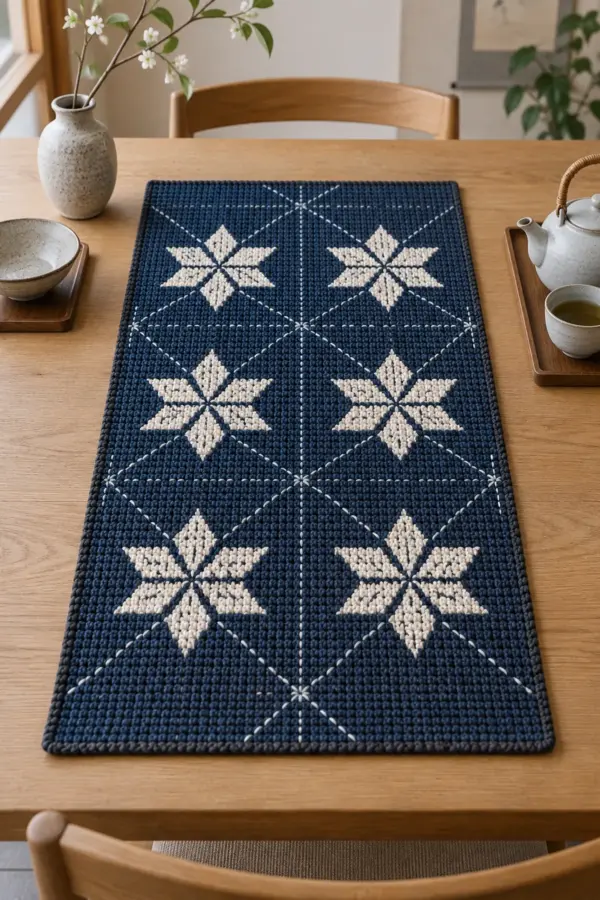 Finished indigo crochet sashiko inspired table mat with ivory geometric stars pale blue accents and charcoal edge