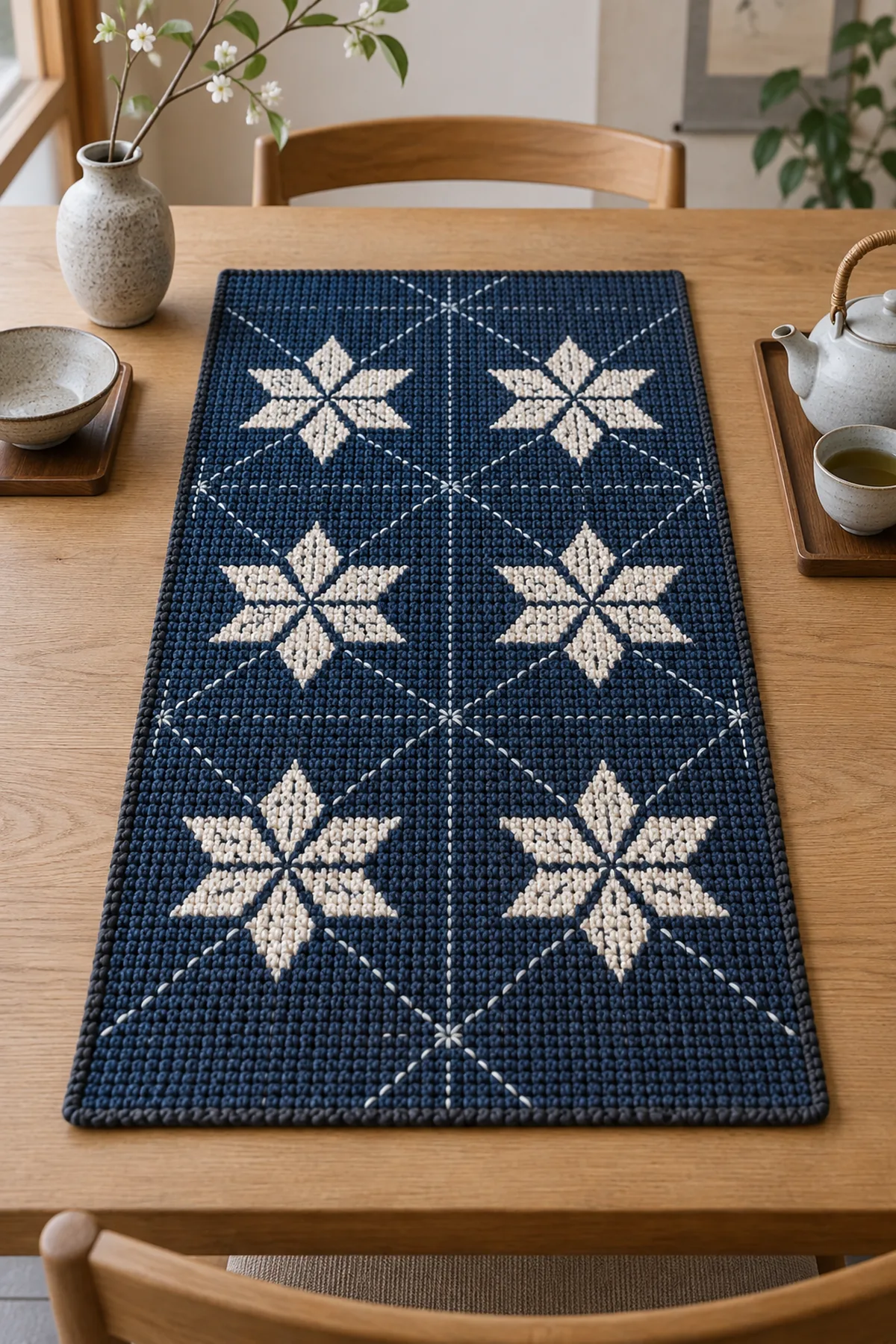 Finished indigo crochet sashiko inspired table mat with ivory geometric stars pale blue accents and charcoal edge