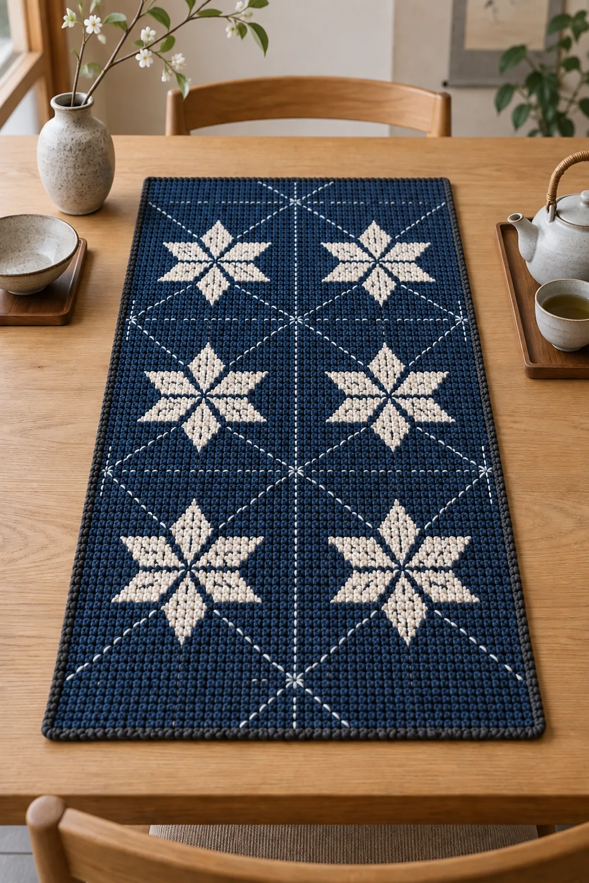 Indigo sashiko inspired crochet table mat styled with simple stoneware on a pale oak table