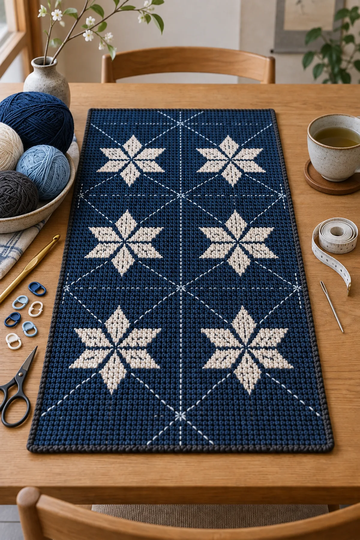 Indigo ivory pale blue and charcoal DK cotton crochet hook markers tapestry needle scissors and tape measure