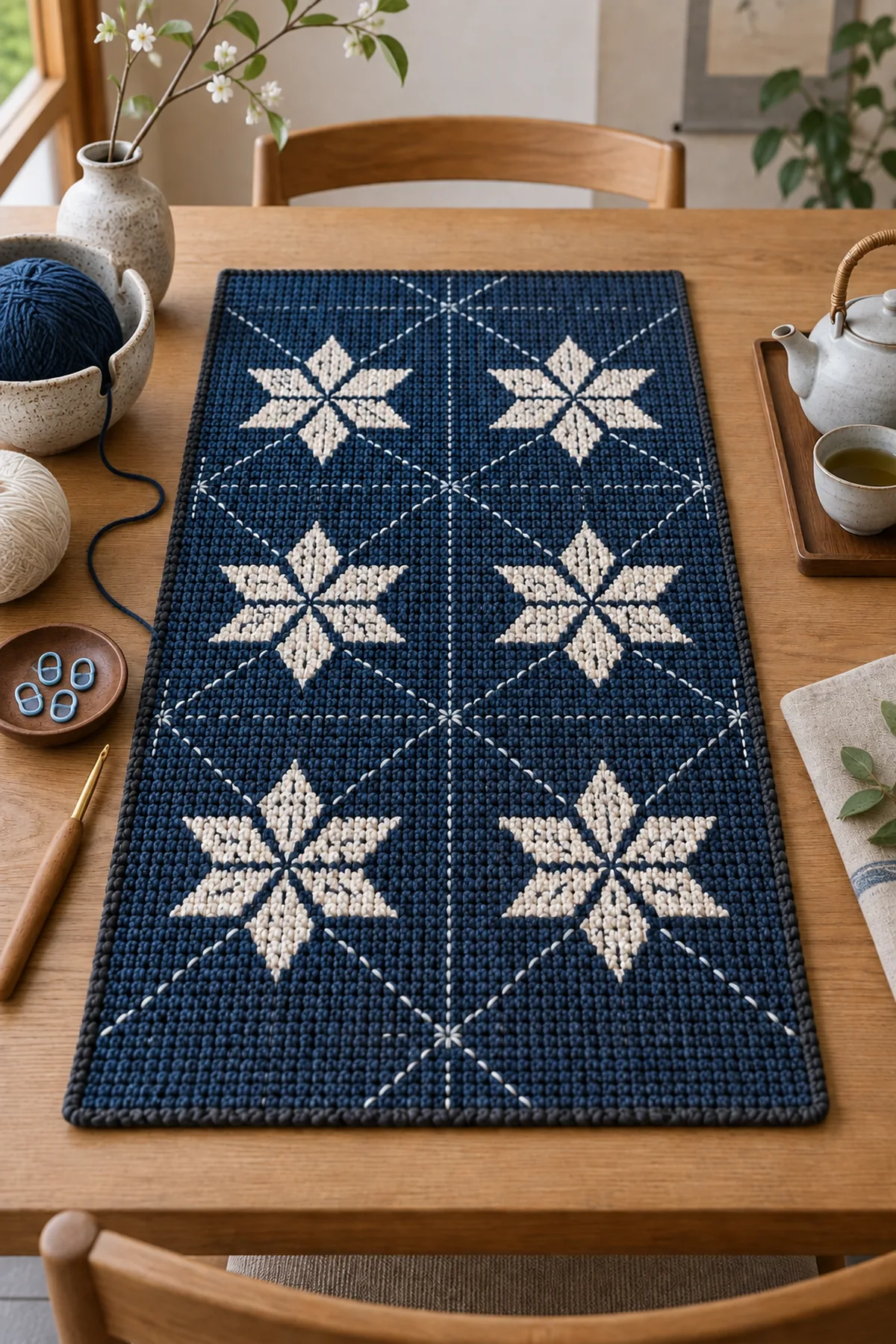 Deep indigo 69 stitch linen stitch foundation with six chart markers