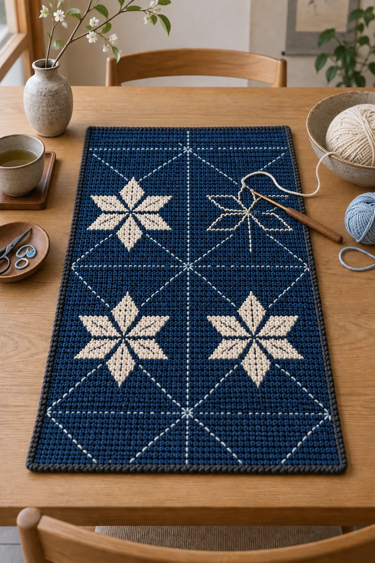 Indigo crochet table mat with first ivory surface crochet geometric medallions in progress
