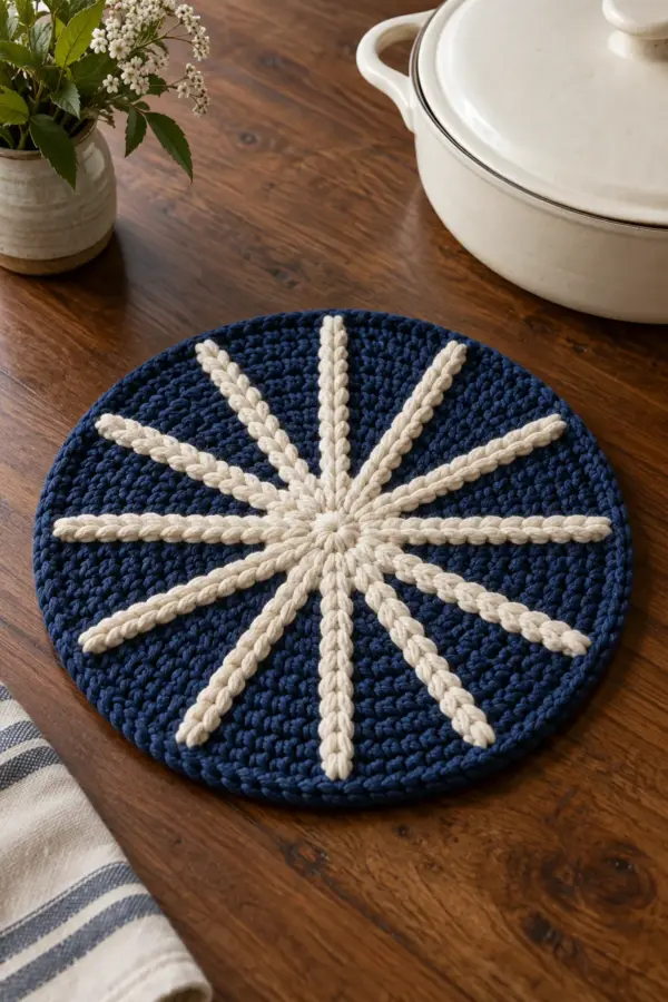 Finished round indigo crochet trivet with twelve raised cream starburst spokes
