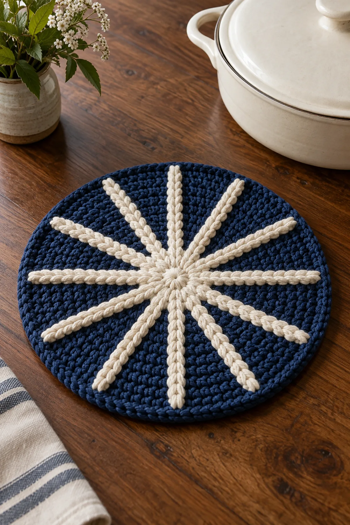 Finished round indigo crochet trivet with twelve raised cream starburst spokes