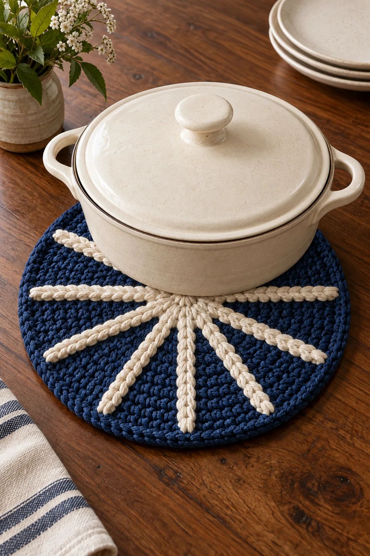 Indigo starburst crochet trivet styled beneath a warm ceramic serving dish