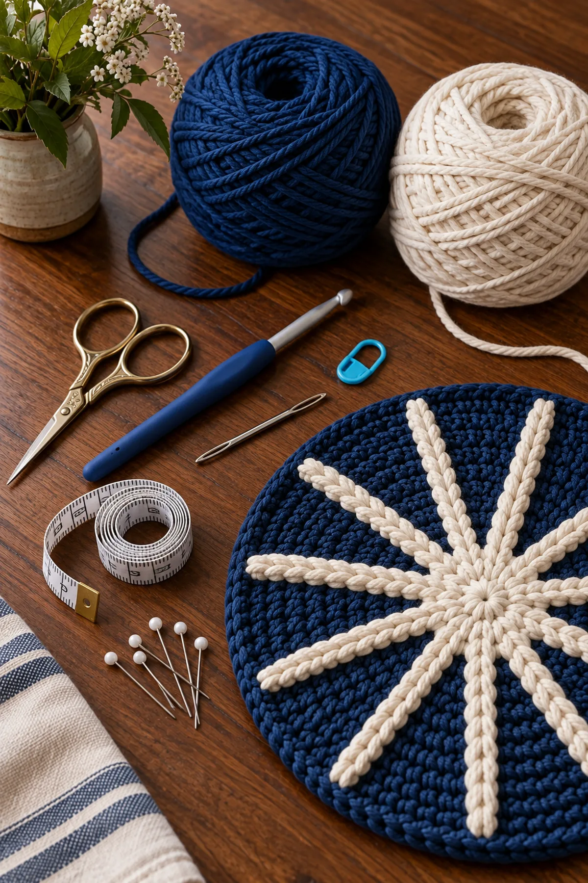 Indigo and cream cotton yarn crochet hook marker needle scissors and blocking pins