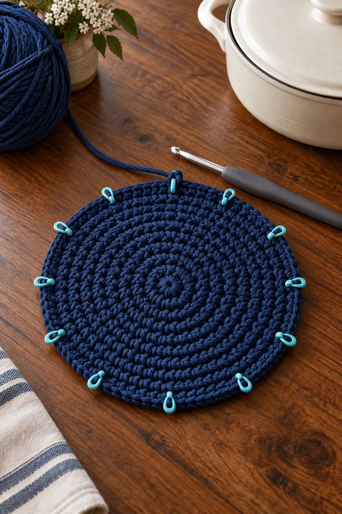 Dense indigo crochet circle after six evenly increased rounds