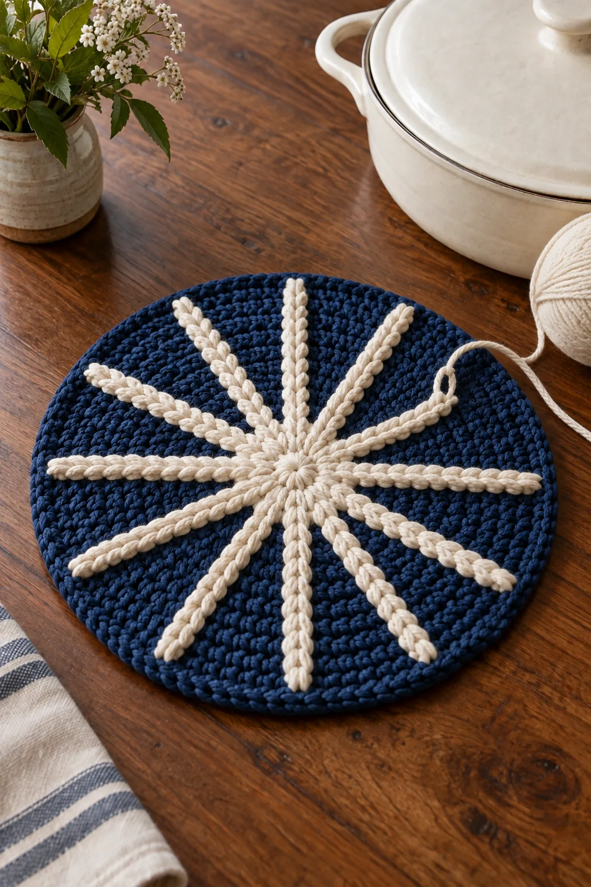 Round indigo trivet with first cream overlay spoke round in progress