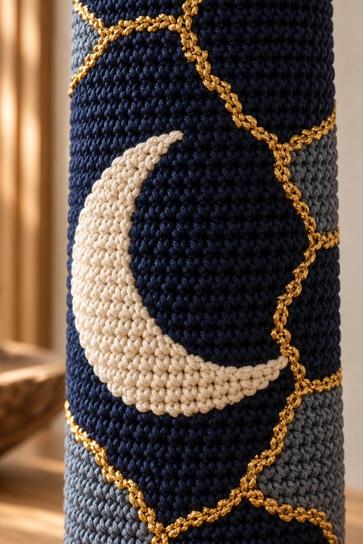 Close-up of golden surface crochet kintsugi lines crossing indigo ivory and slate stitches