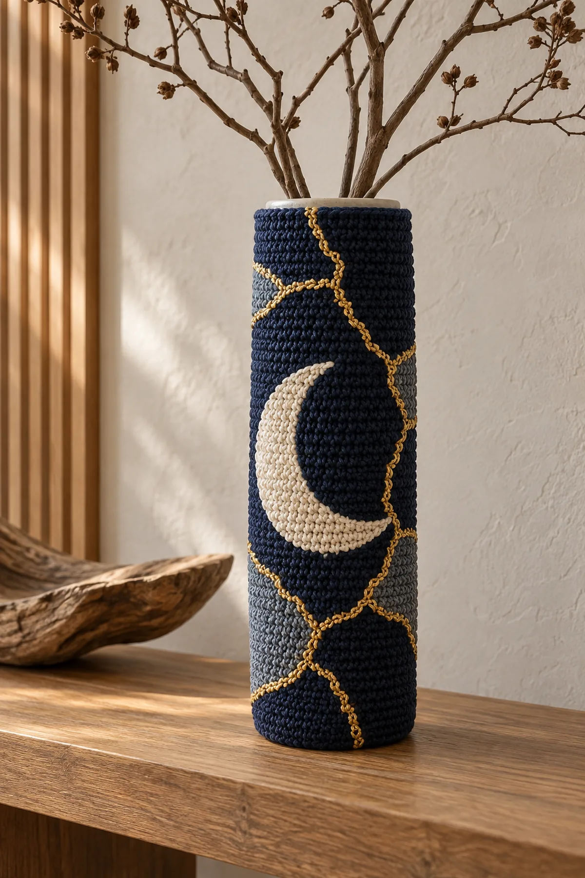 Finished crochet kintsugi moon vase sleeve in midnight indigo ivory slate and gold