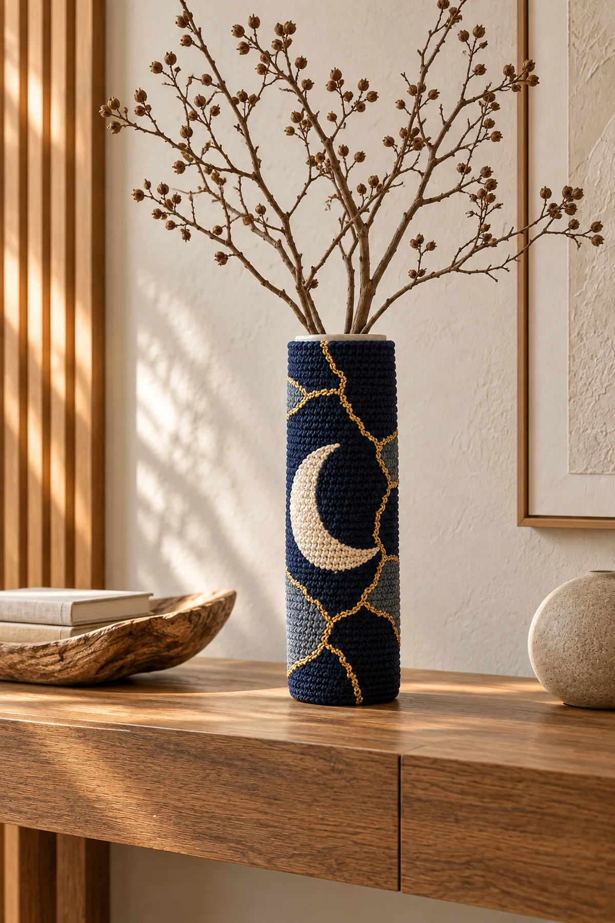 Kintsugi moon crochet vase sleeve holding sculptural branches on a minimalist console