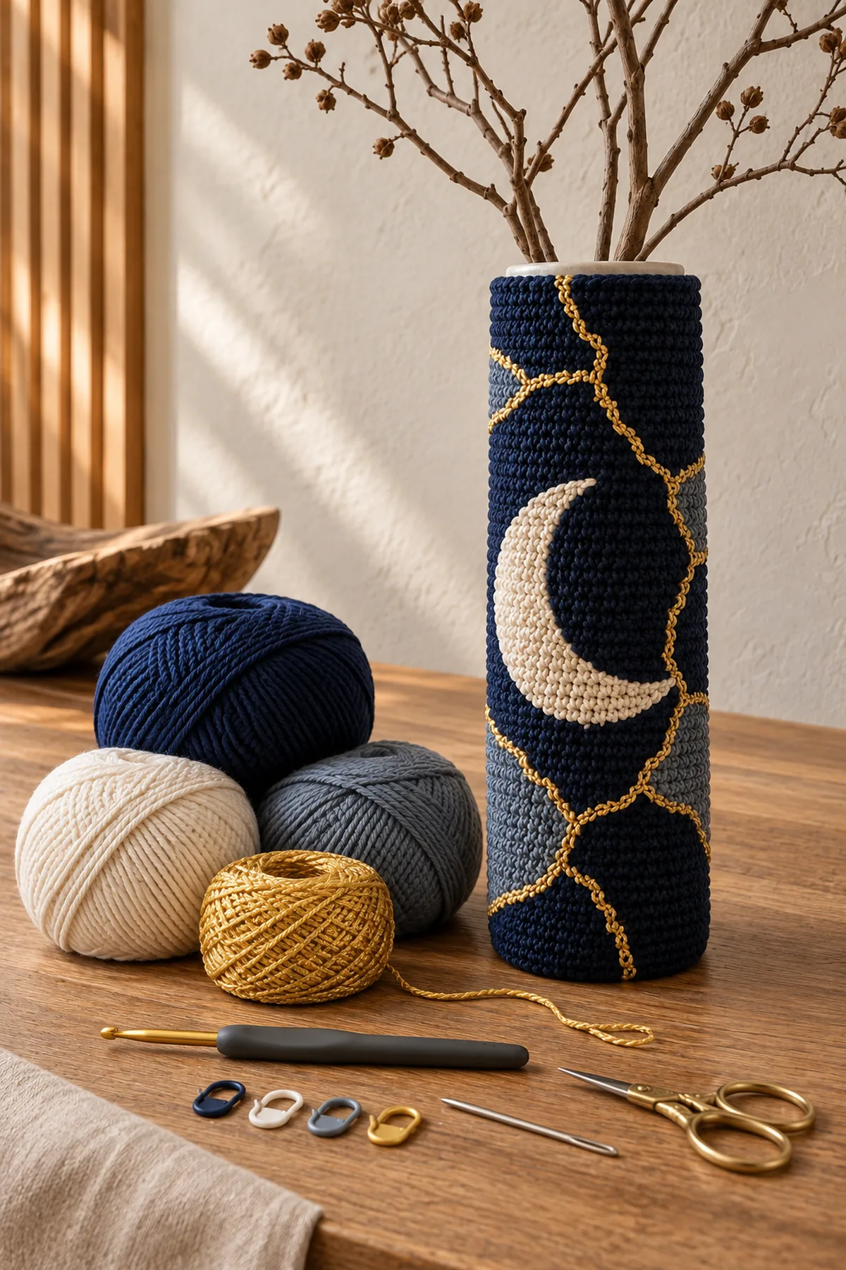 Indigo ivory slate and gold DK yarn crochet hook cylindrical vase markers needle and scissors