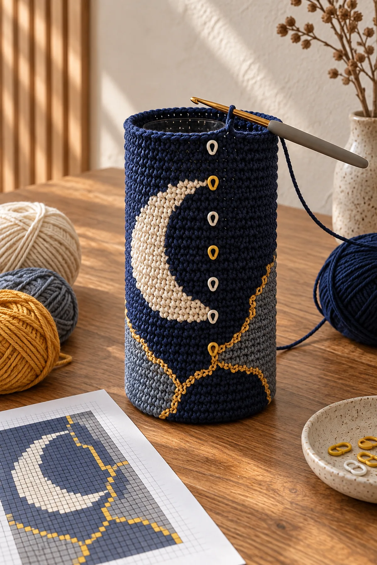 Indigo 67 stitch vase sleeve foundation with first marked moon chart rows
