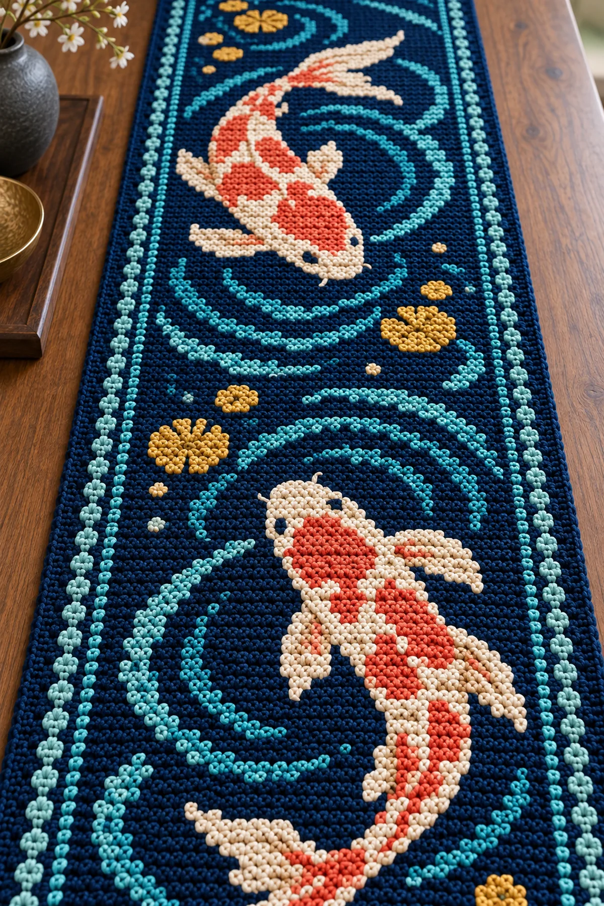 Close-up of coral koi scales turquoise surface crochet ripple and envelope border