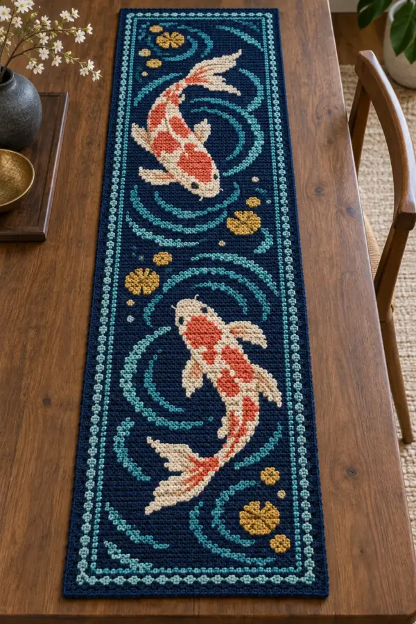 Finished midnight blue crochet koi pond mosaic table runner with coral fish and turquoise ripples